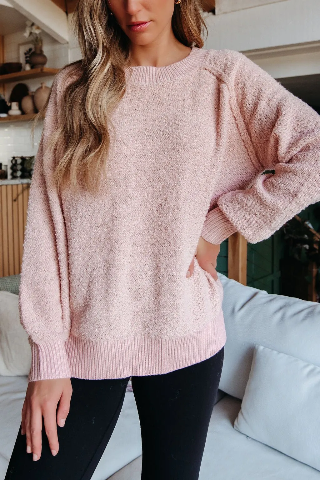 Fuzzy Pink Ribbed Pullover Sweater