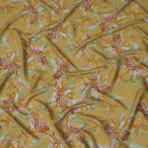 Golden Yellow and Green Floral Viscose Crepe Printed Fabric - 110 cm Wide-D20007