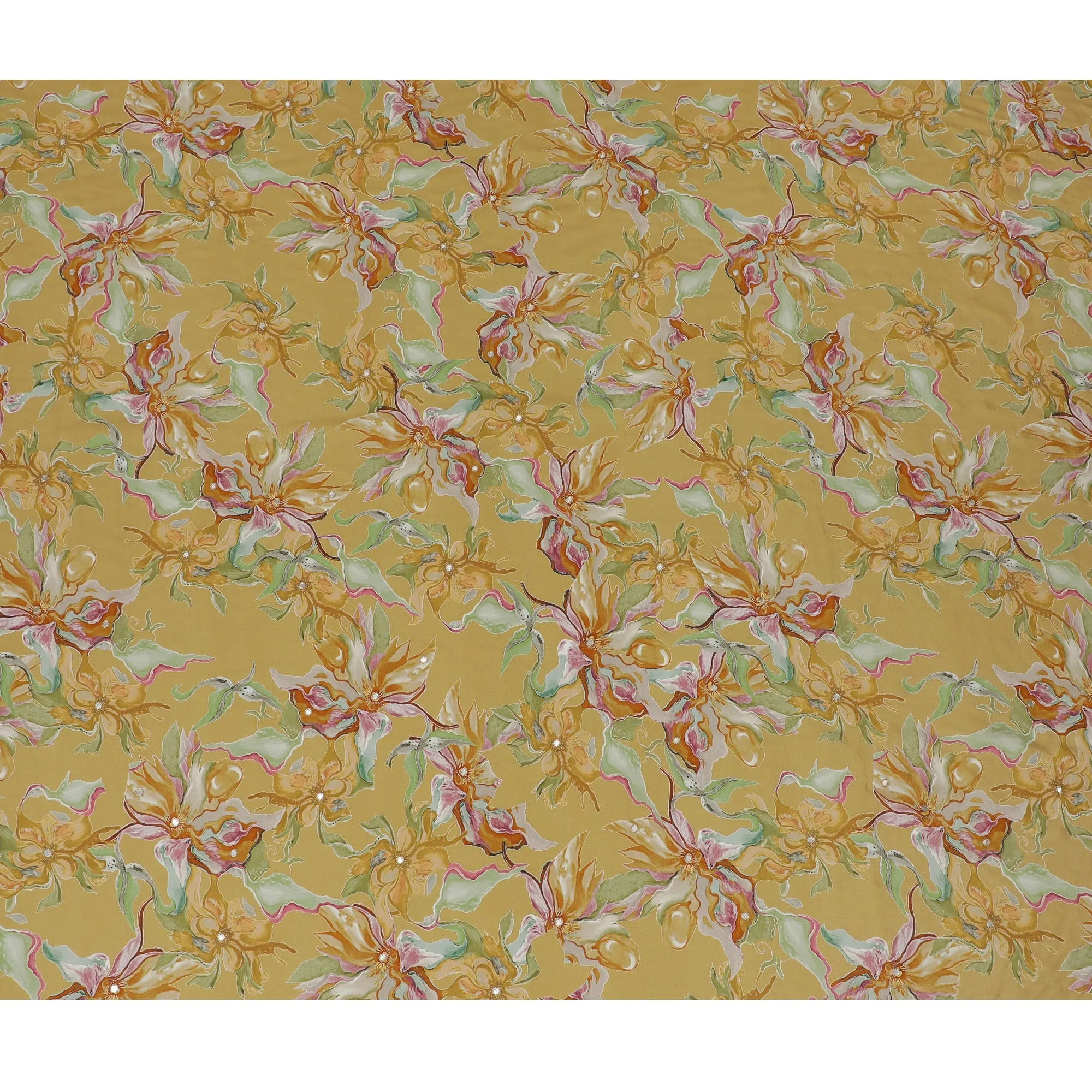 Golden Yellow and Green Floral Viscose Crepe Printed Fabric - 110 cm Wide-D20007