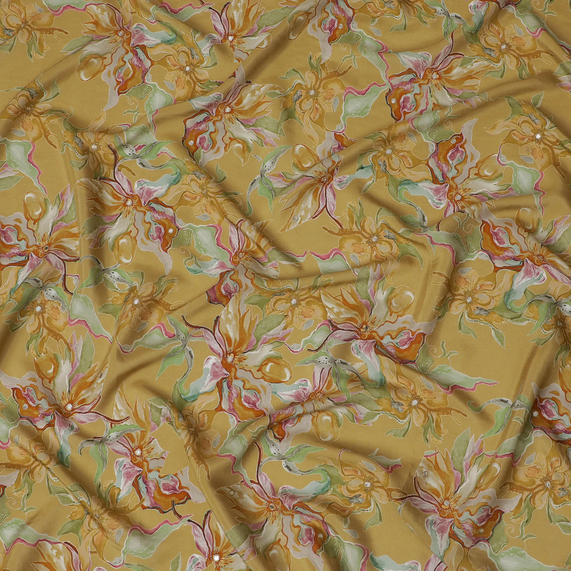 Golden Yellow and Green Floral Viscose Crepe Printed Fabric - 110 cm Wide-D20007