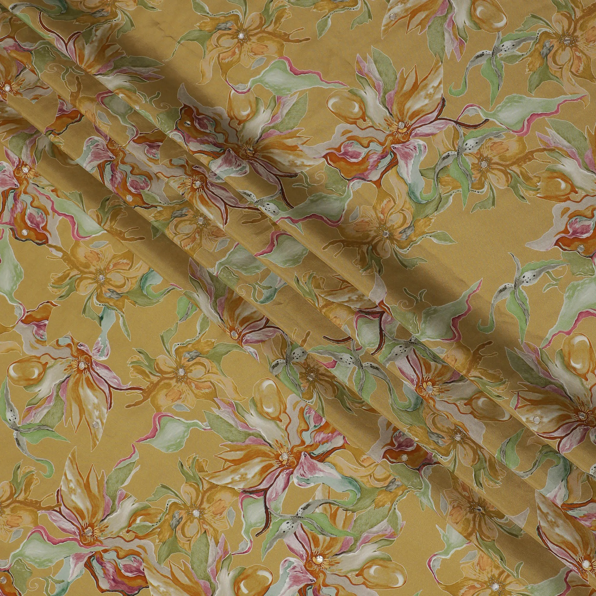 Golden Yellow and Green Floral Viscose Crepe Printed Fabric - 110 cm Wide-D20007