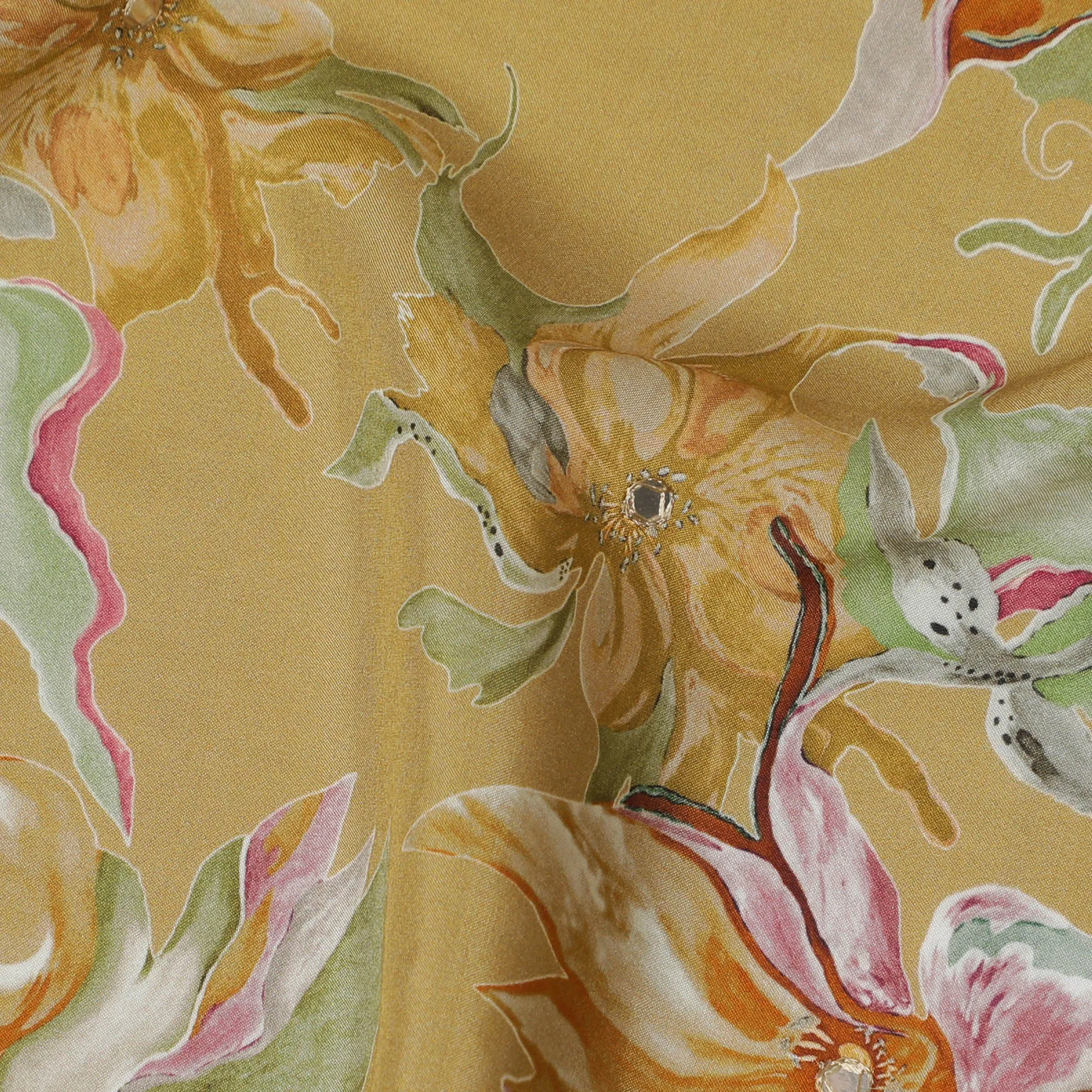 Golden Yellow and Green Floral Viscose Crepe Printed Fabric - 110 cm Wide-D20007