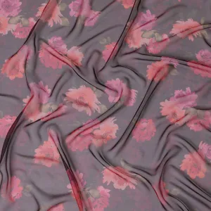 Gray and Pink Floral Pure Silk Chiffon Fabric, 110 cms, South Korea-D19880