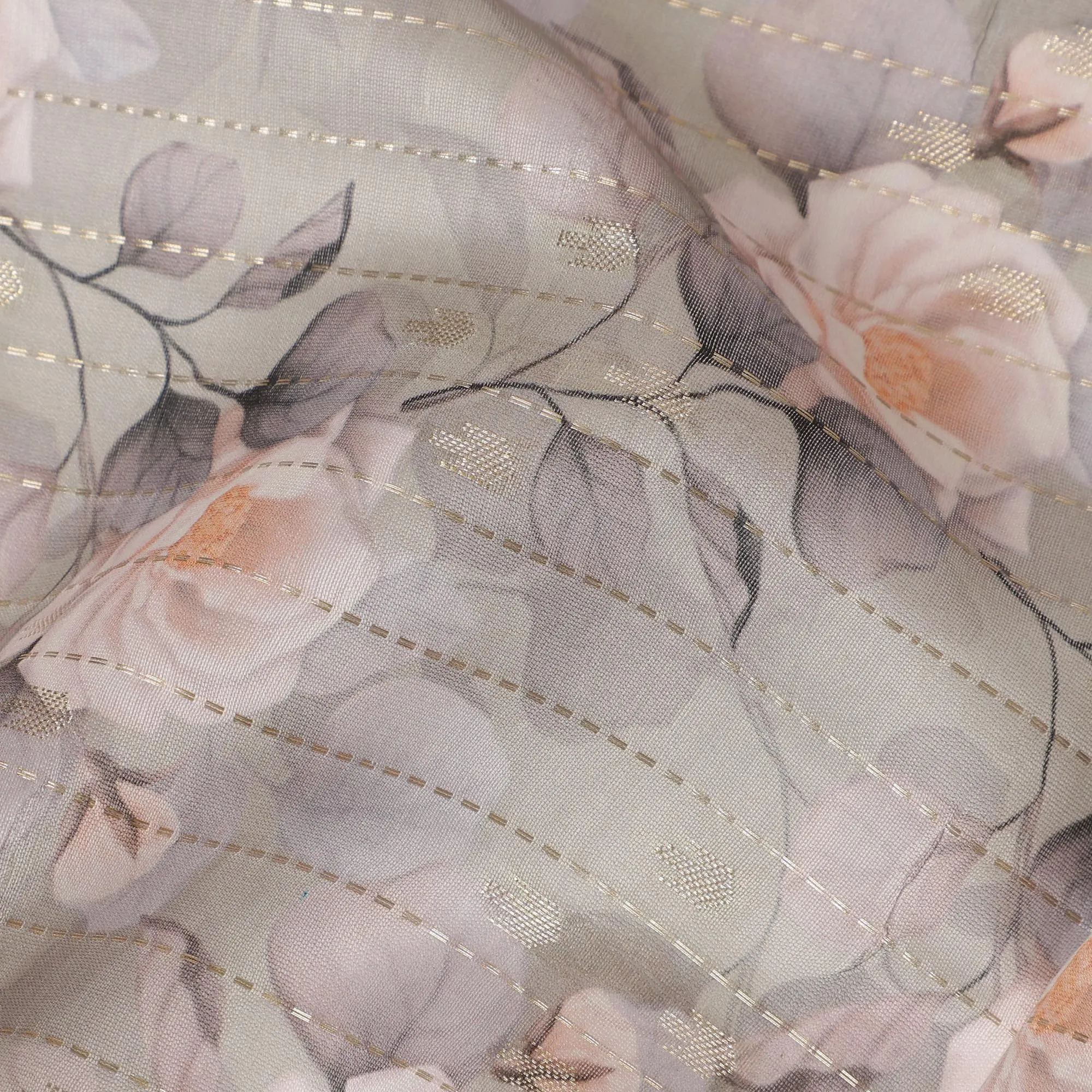 Gray Viscose Blended Fabric with Peach and White Floral Embroidery, 110 cm Width-D20446