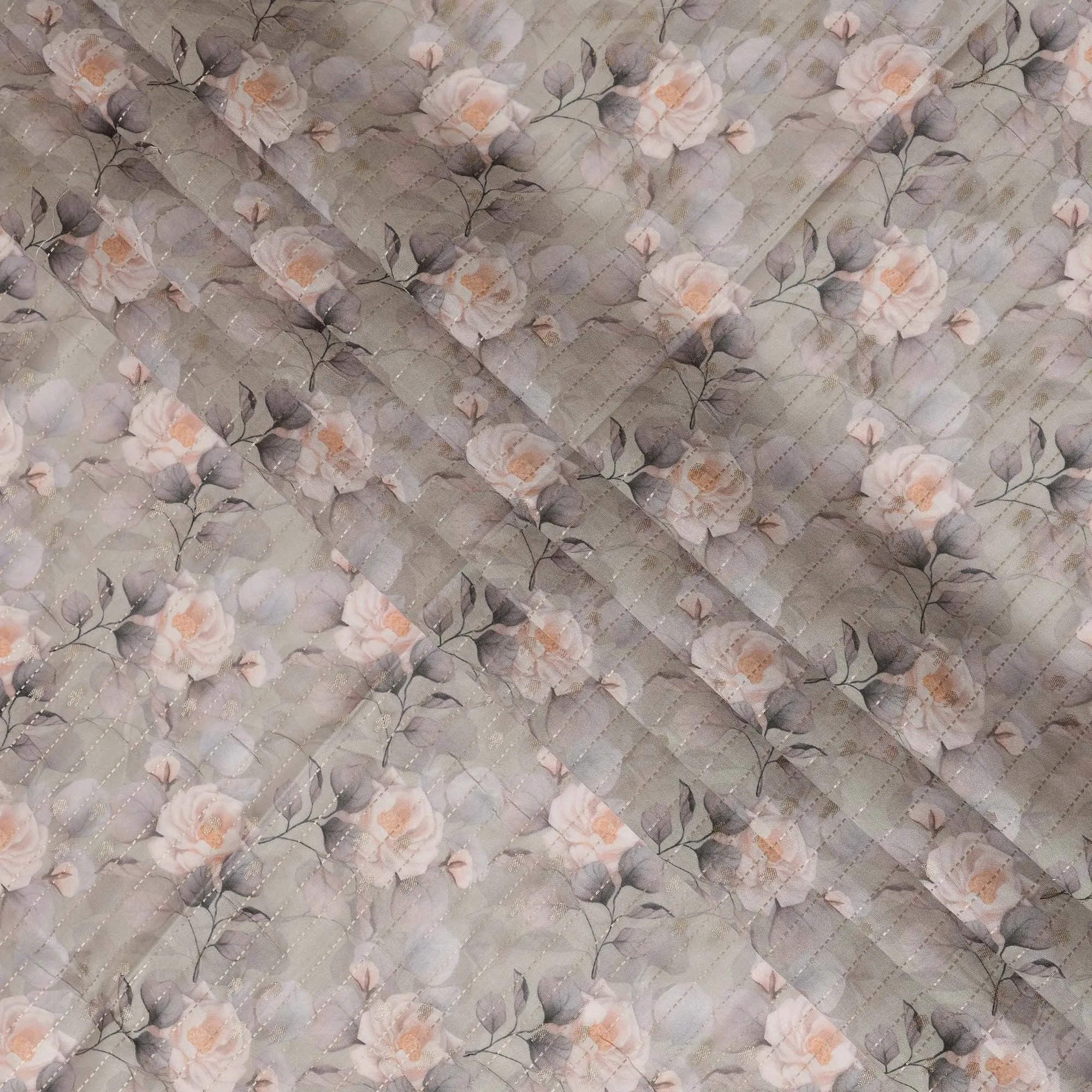 Gray Viscose Blended Fabric with Peach and White Floral Embroidery, 110 cm Width-D20446