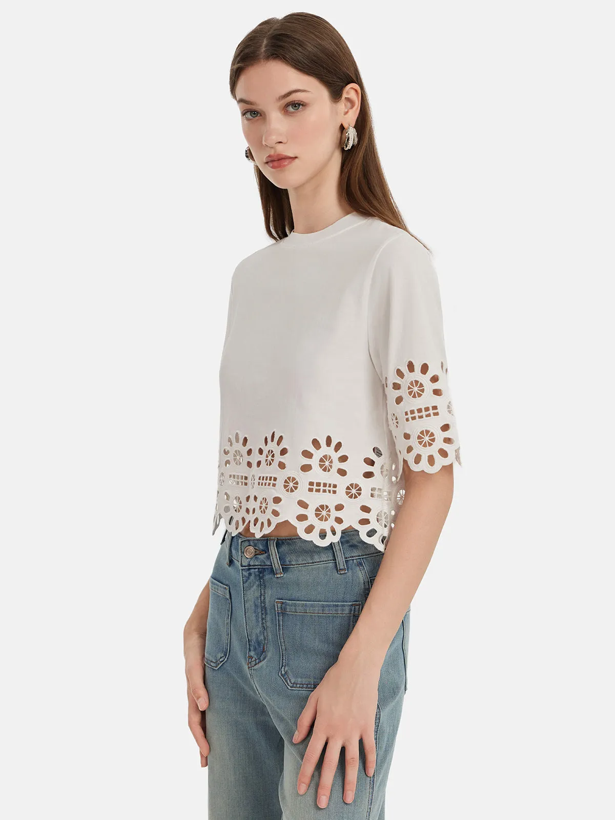 Hollow Embroidered Round Neck T-Shirt