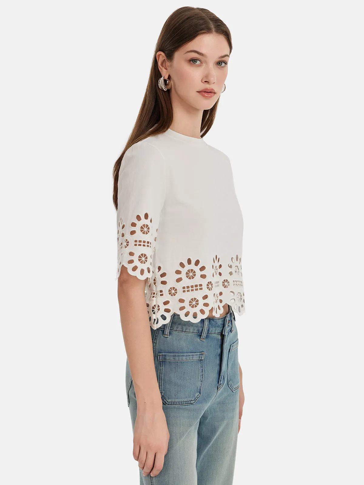 Hollow Embroidered Round Neck T-Shirt