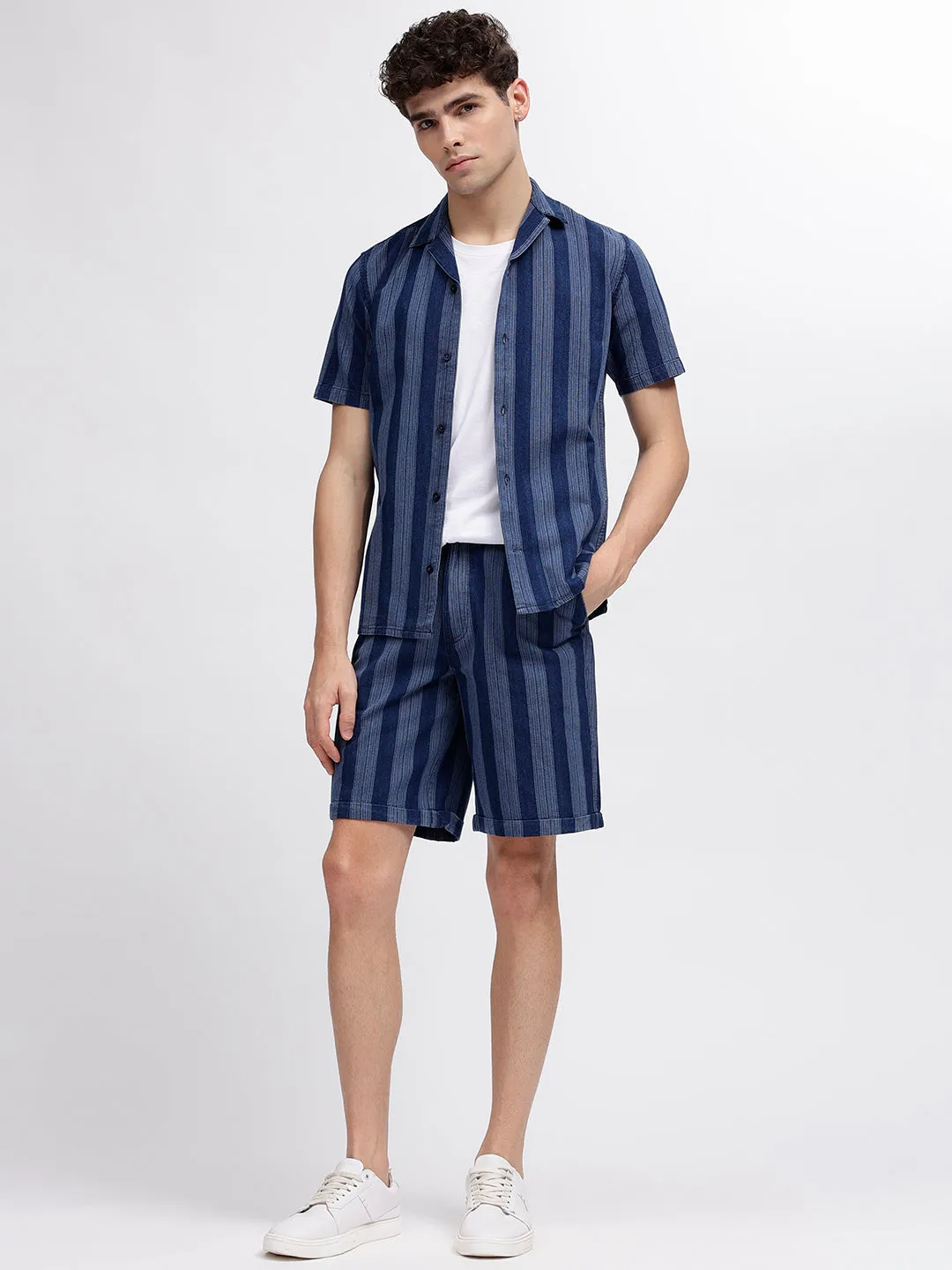 Iconic Men Navy Blue Striped Regular Fit Shorts