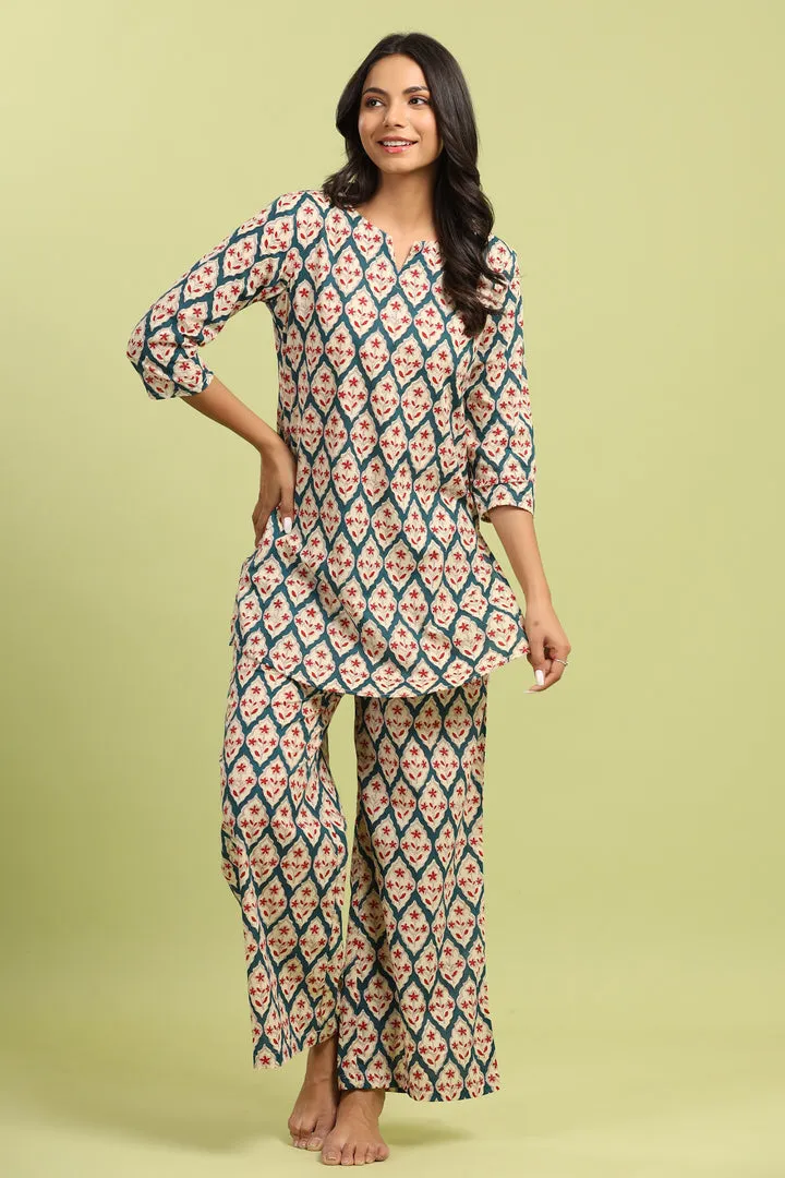 Jharokha on Teal Cotton Palazzo Loungewear Set