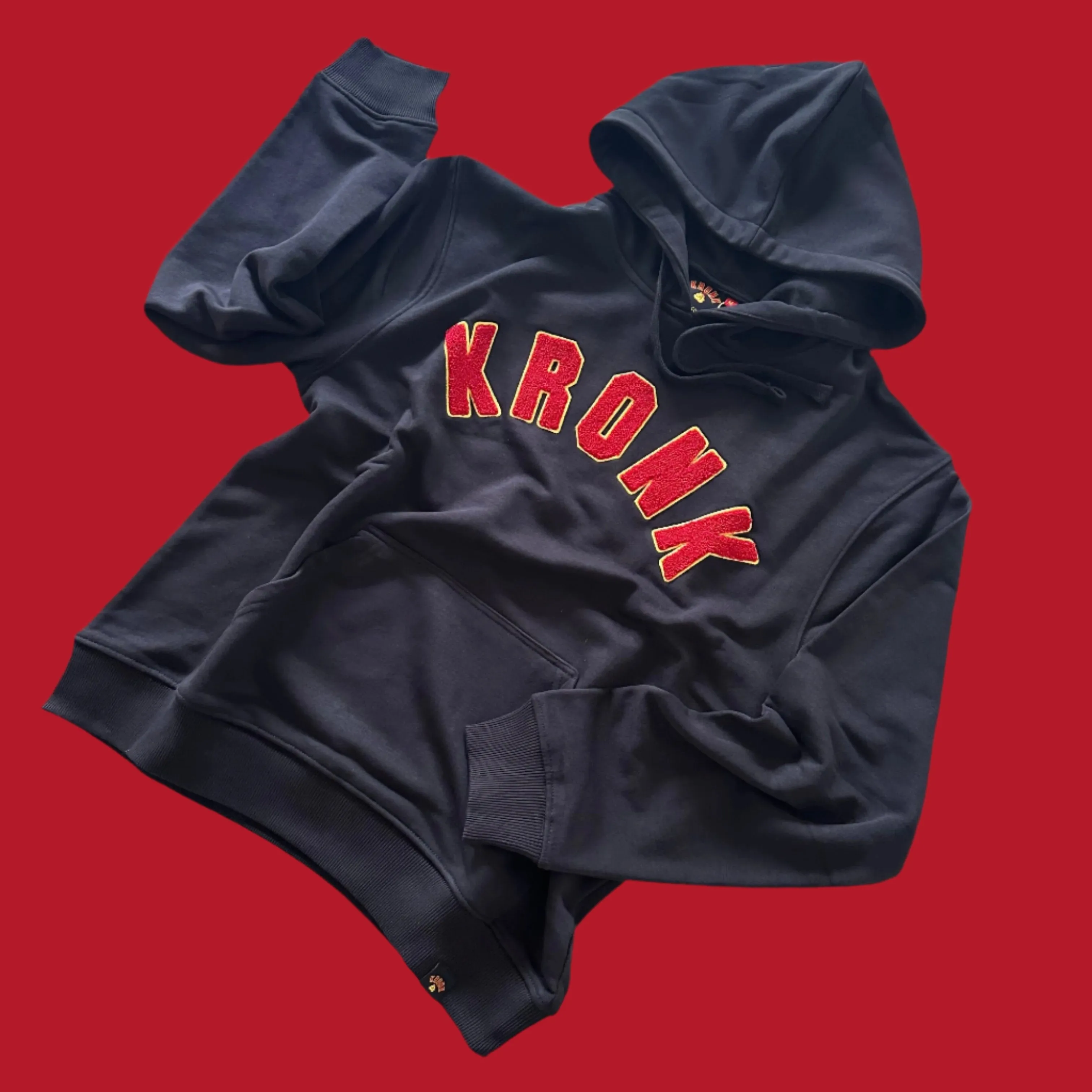 KRONK WAR Towelling Applique Hoodie Loose Fit Black