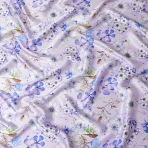 Lavender Bliss Pure Silk Satin Fabric with Blue Botanical Print - Elegant Italian Silk Fabric, 140cm Width-D18702