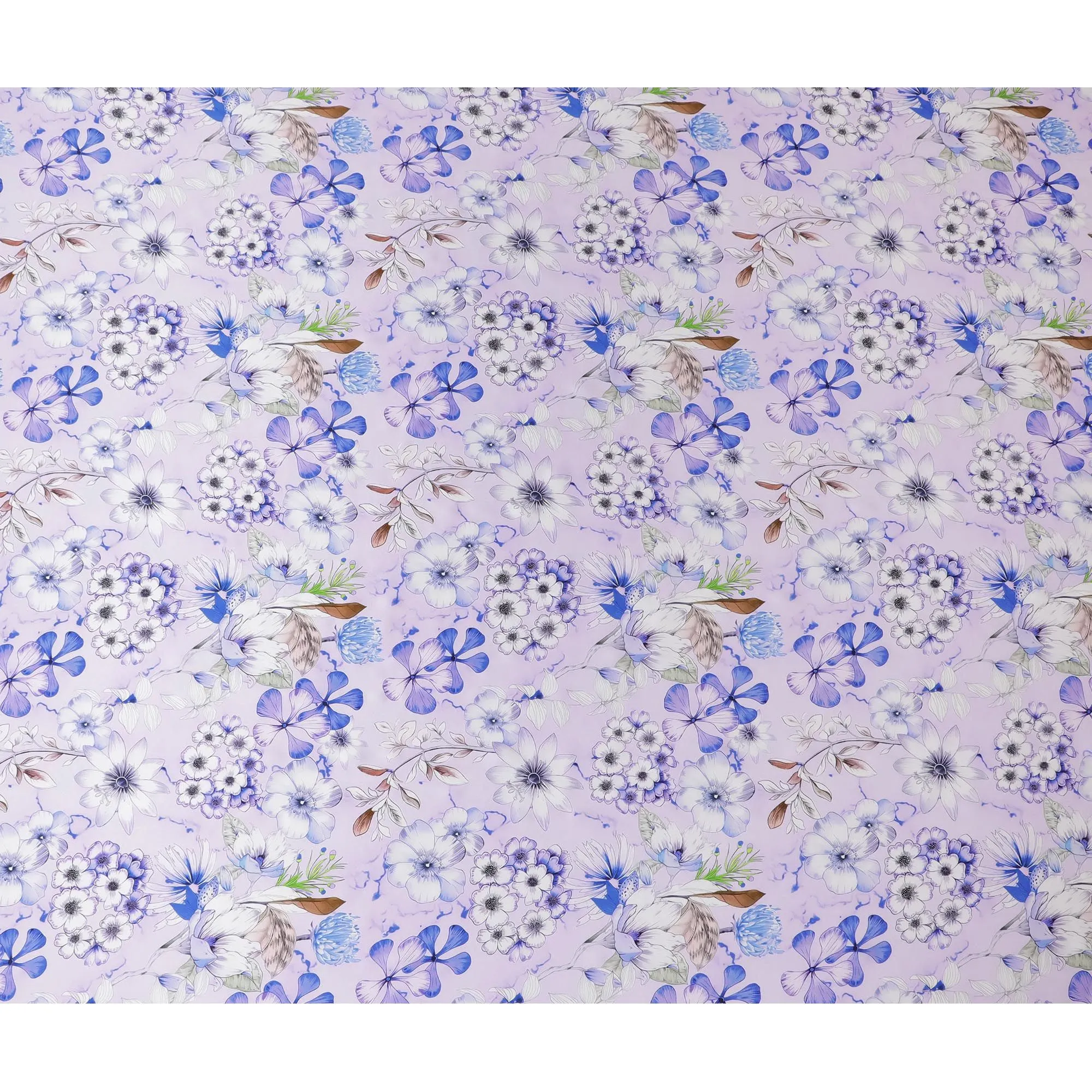 Lavender Bliss Pure Silk Satin Fabric with Blue Botanical Print - Elegant Italian Silk Fabric, 140cm Width-D18702