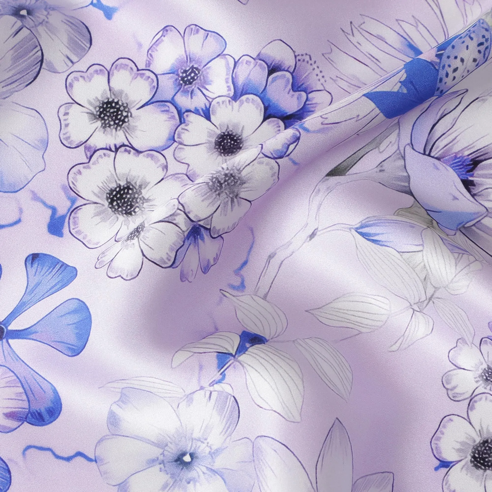 Lavender Bliss Pure Silk Satin Fabric with Blue Botanical Print - Elegant Italian Silk Fabric, 140cm Width-D18702