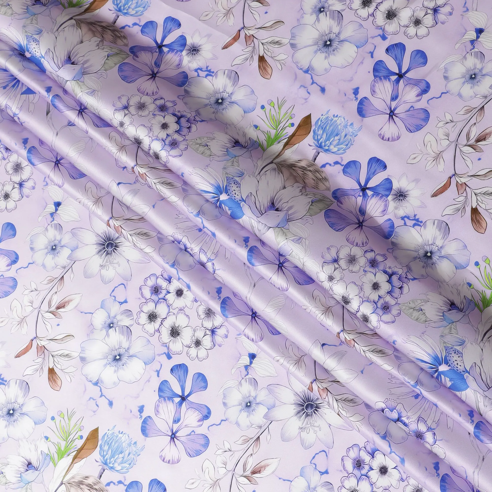 Lavender Bliss Pure Silk Satin Fabric with Blue Botanical Print - Elegant Italian Silk Fabric, 140cm Width-D18702