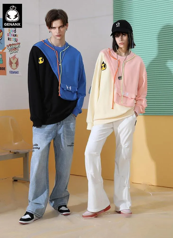 Layered Color Block Cartoon Embroidered Pure Cotton Sweatshirt