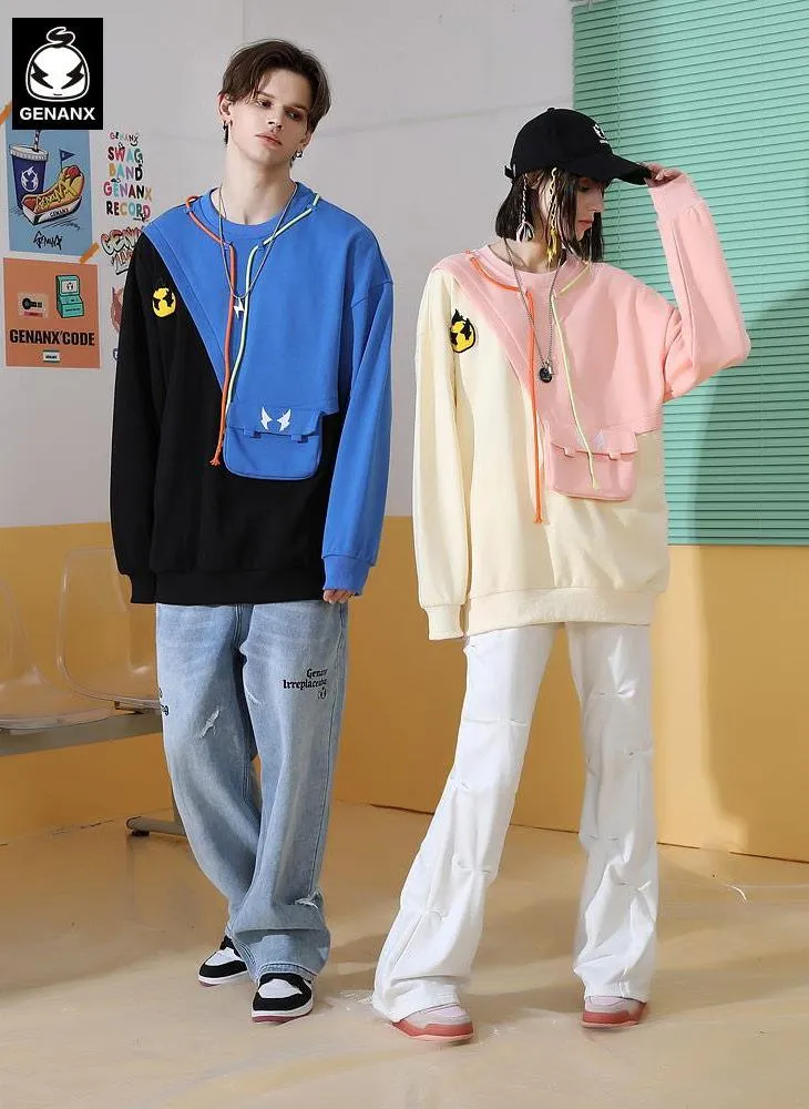 Layered Color Block Cartoon Embroidered Pure Cotton Sweatshirt