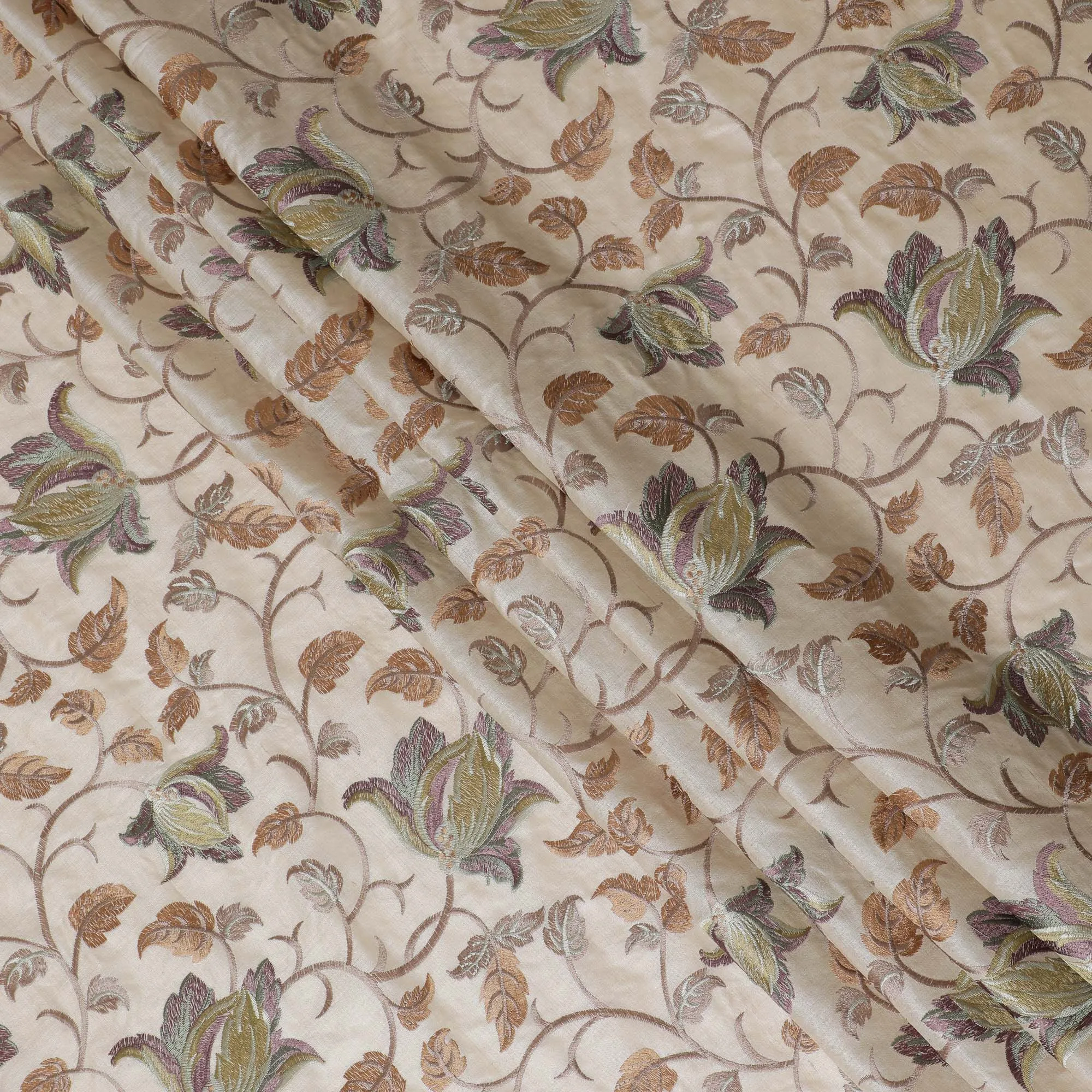 Luxurious Tussar Silk Fabric with Floral Embroidery - 110 cm Wide - D19609