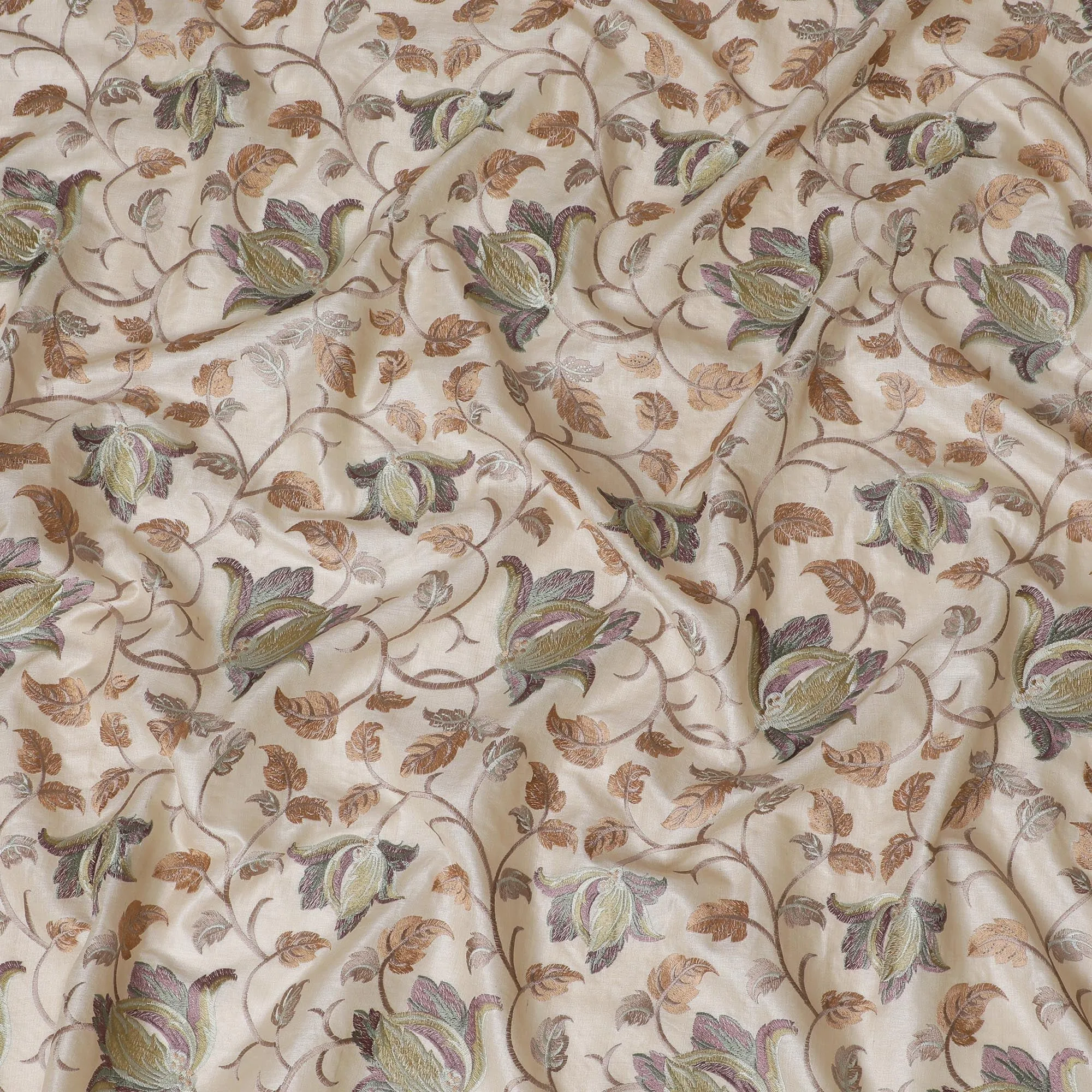 Luxurious Tussar Silk Fabric with Floral Embroidery - 110 cm Wide - D19609