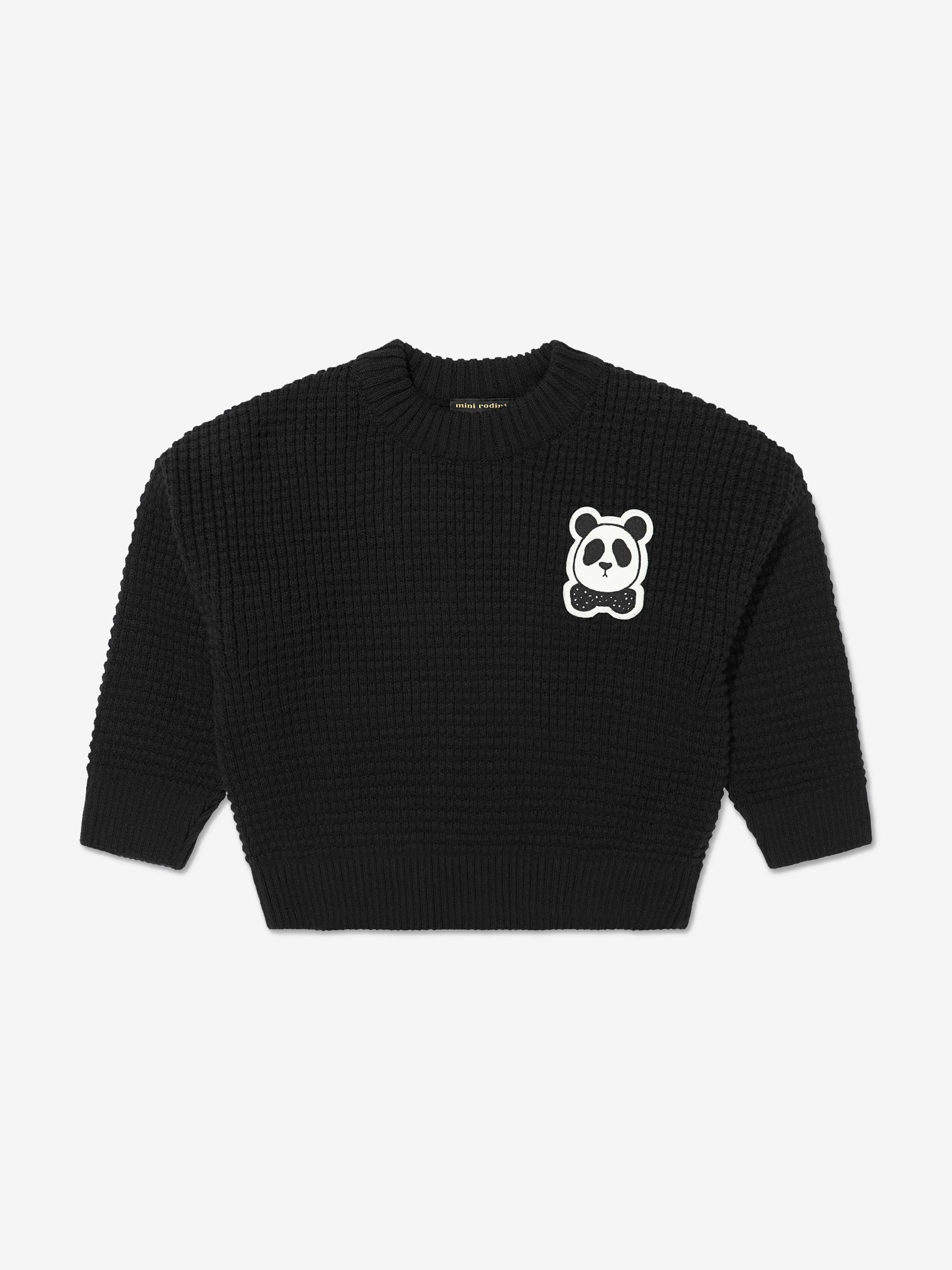 Mini Rodini Kids Organic Cotton Knitted Panda Sweatshirt in Black