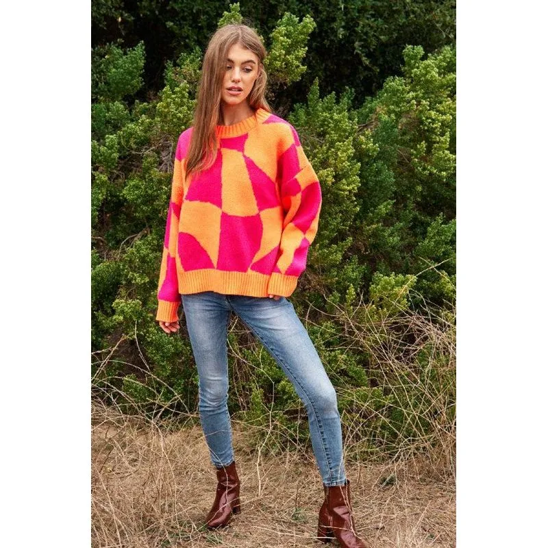 Multi Geo Checker Pullover Knit Sweater Top