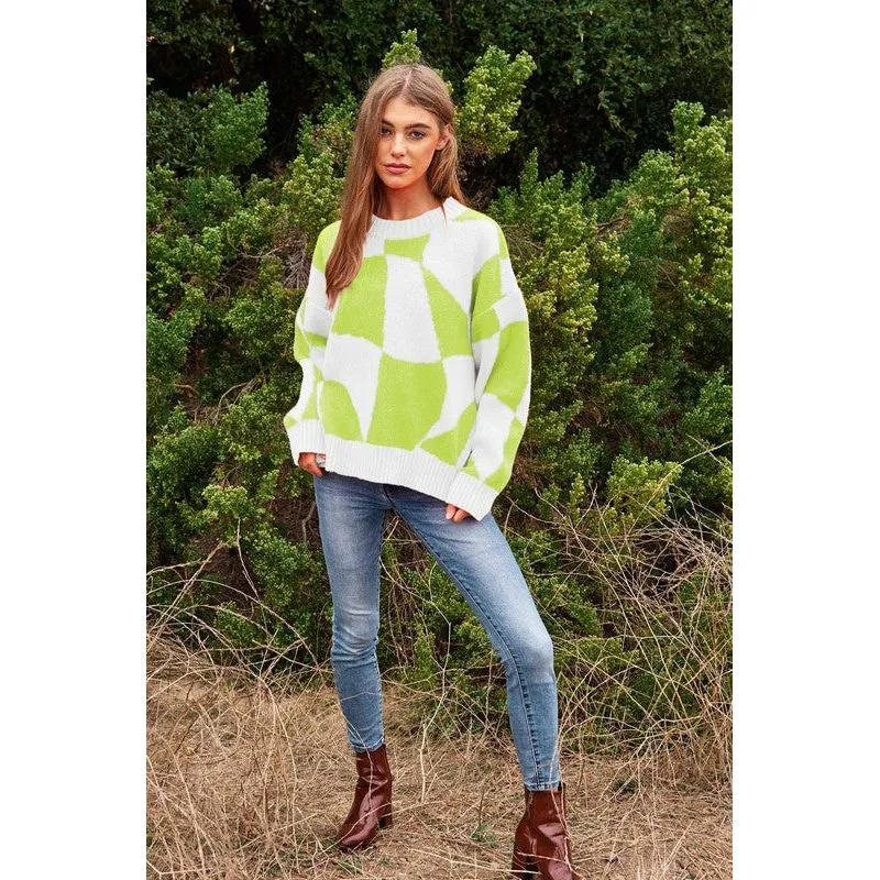 Multi Geo Checker Pullover Knit Sweater Top