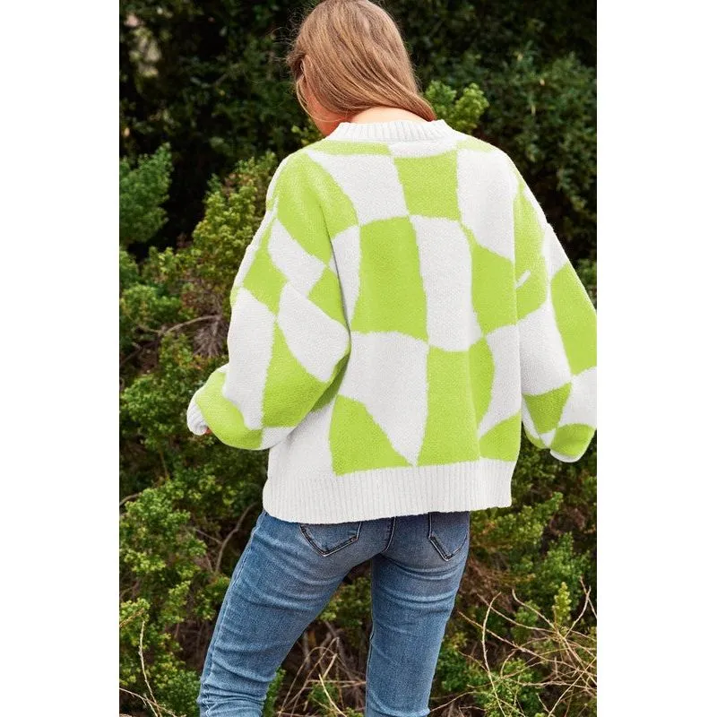 Multi Geo Checker Pullover Knit Sweater Top