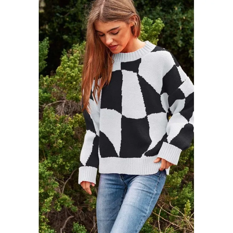 Multi Geo Checker Pullover Knit Sweater Top