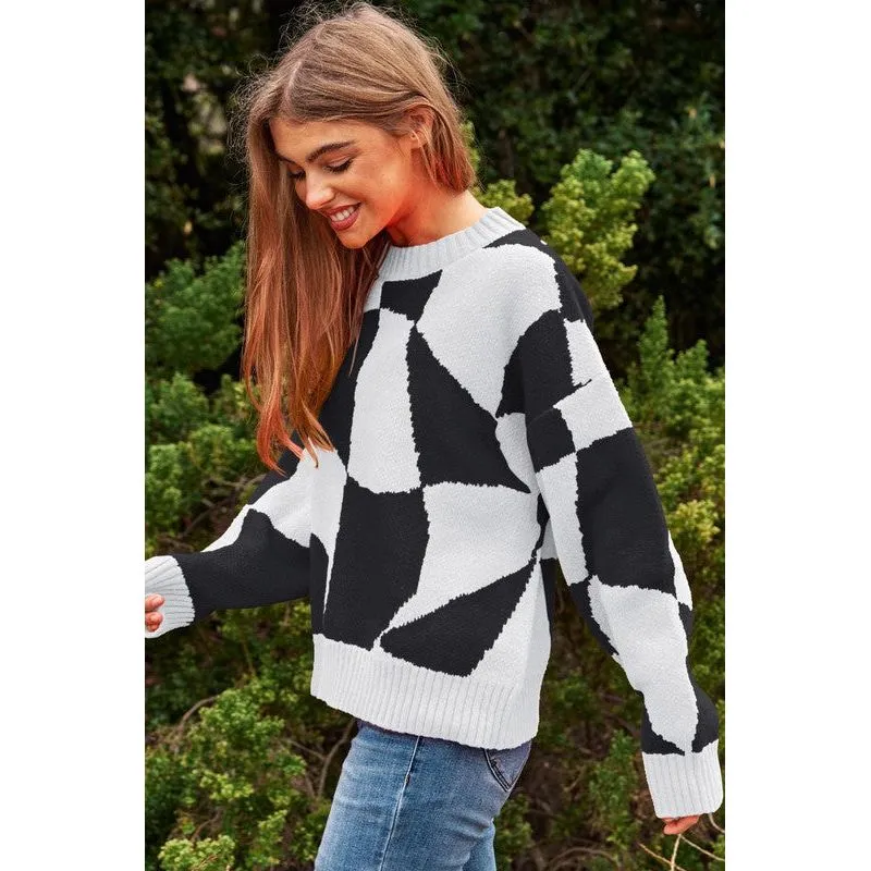 Multi Geo Checker Pullover Knit Sweater Top