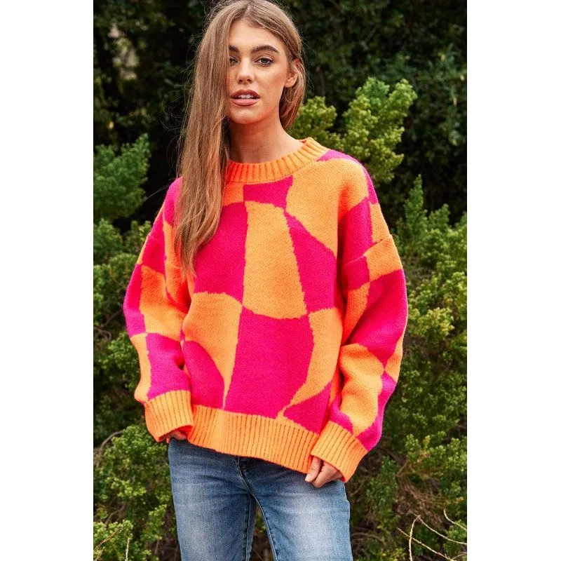 Multi Geo Checker Pullover Knit Sweater Top