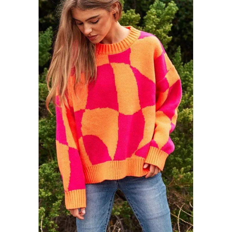 Multi Geo Checker Pullover Knit Sweater Top