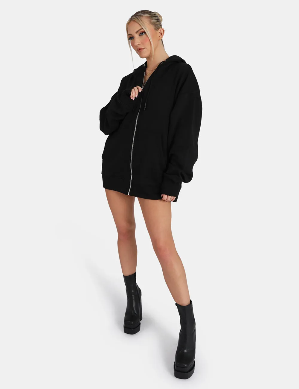 Oversized Zip Through Hoodie Black