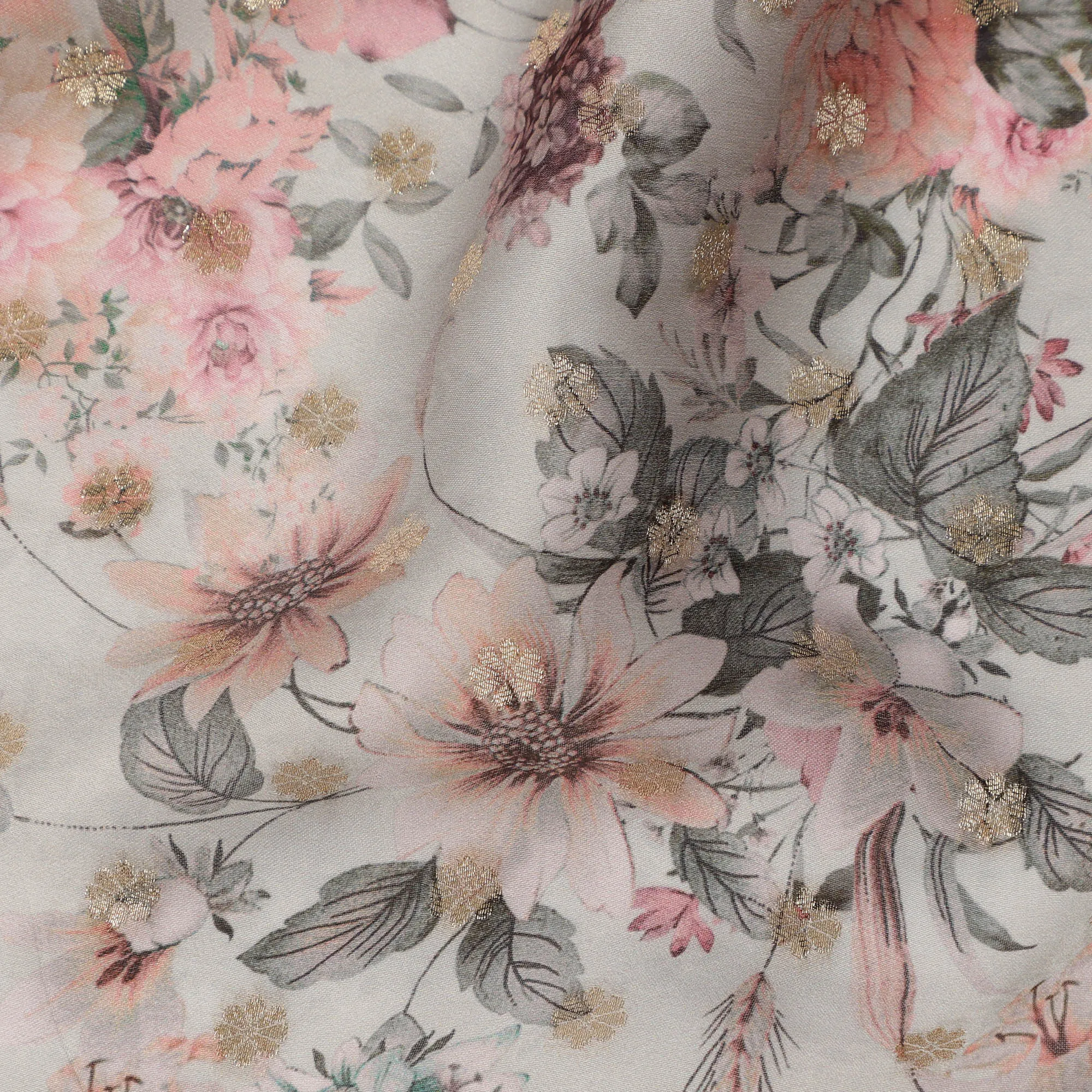 Pale Grey Pink Floral Synthetic Organza Satin Fabric, 110 cm Wide, Made in India-D20981