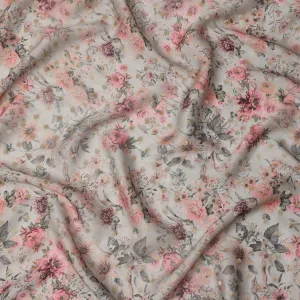 Pale Grey Pink Floral Synthetic Organza Satin Fabric, 110 cm Wide, Made in India-D20981