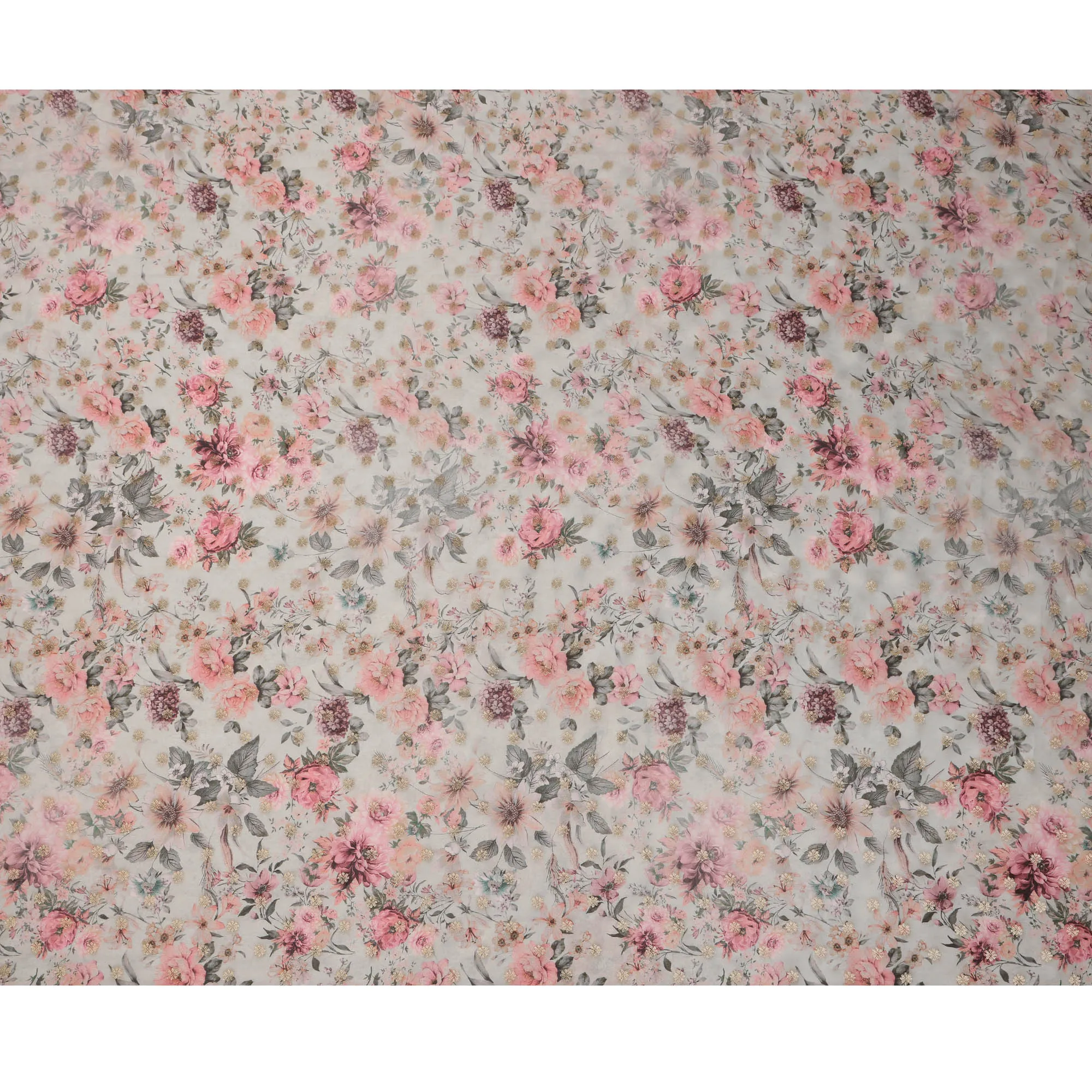 Pale Grey Pink Floral Synthetic Organza Satin Fabric, 110 cm Wide, Made in India-D20981