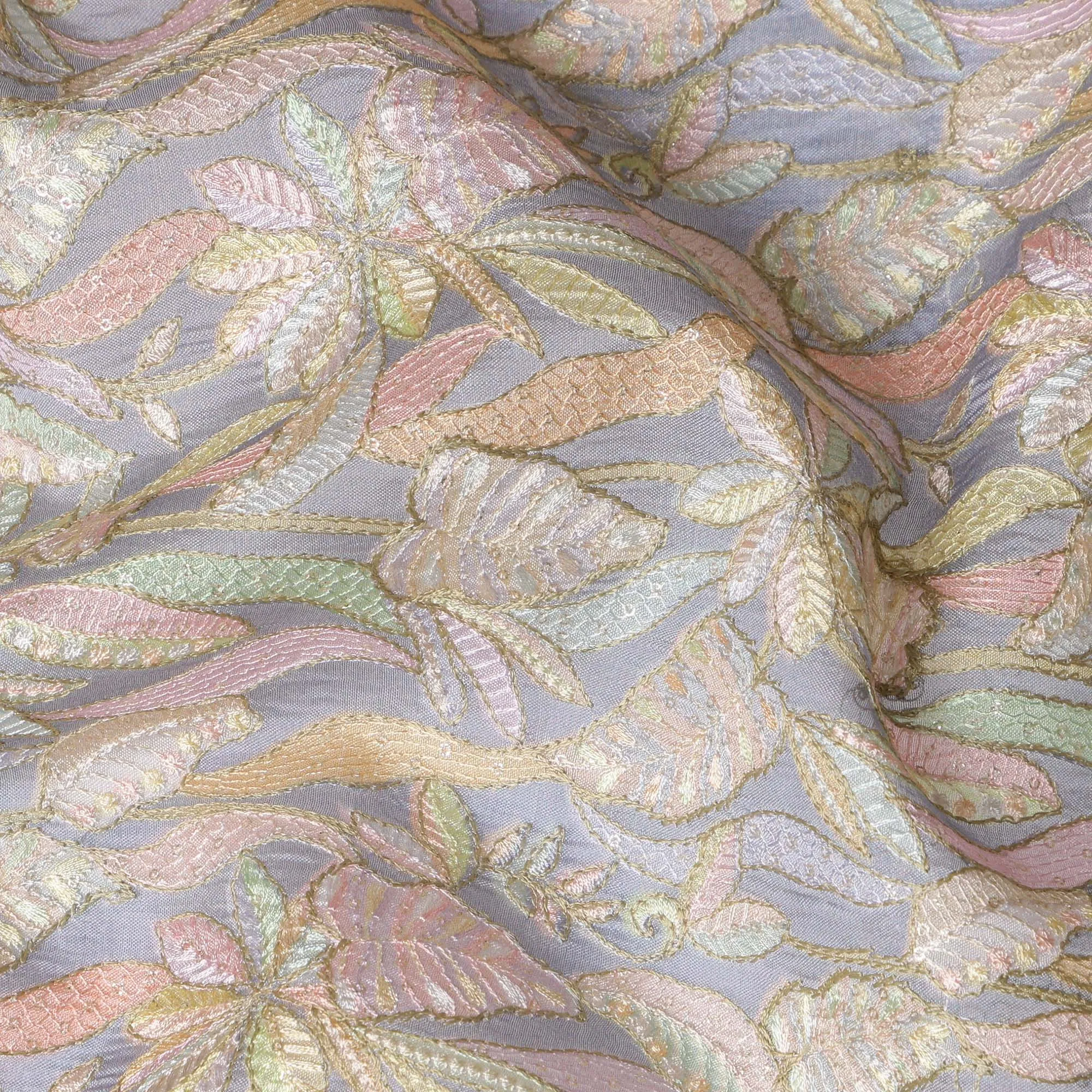 Pastel Grey Indian Tussar Silk Fabric with Embroidery, Floral Design, 110 cm Width-D20941