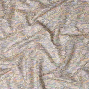 Pastel Grey Indian Tussar Silk Fabric with Embroidery, Floral Design, 110 cm Width-D20941