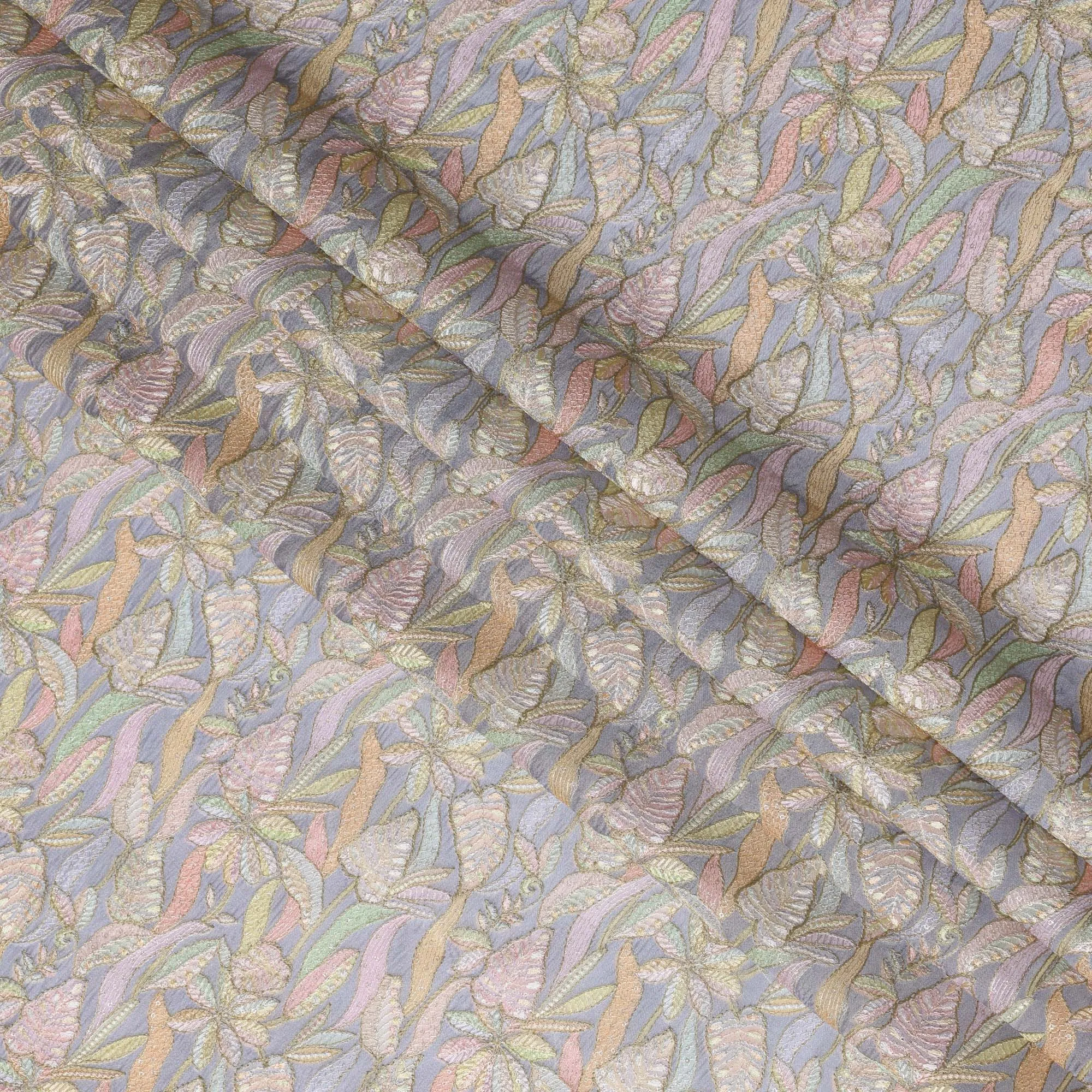 Pastel Grey Indian Tussar Silk Fabric with Embroidery, Floral Design, 110 cm Width-D20941