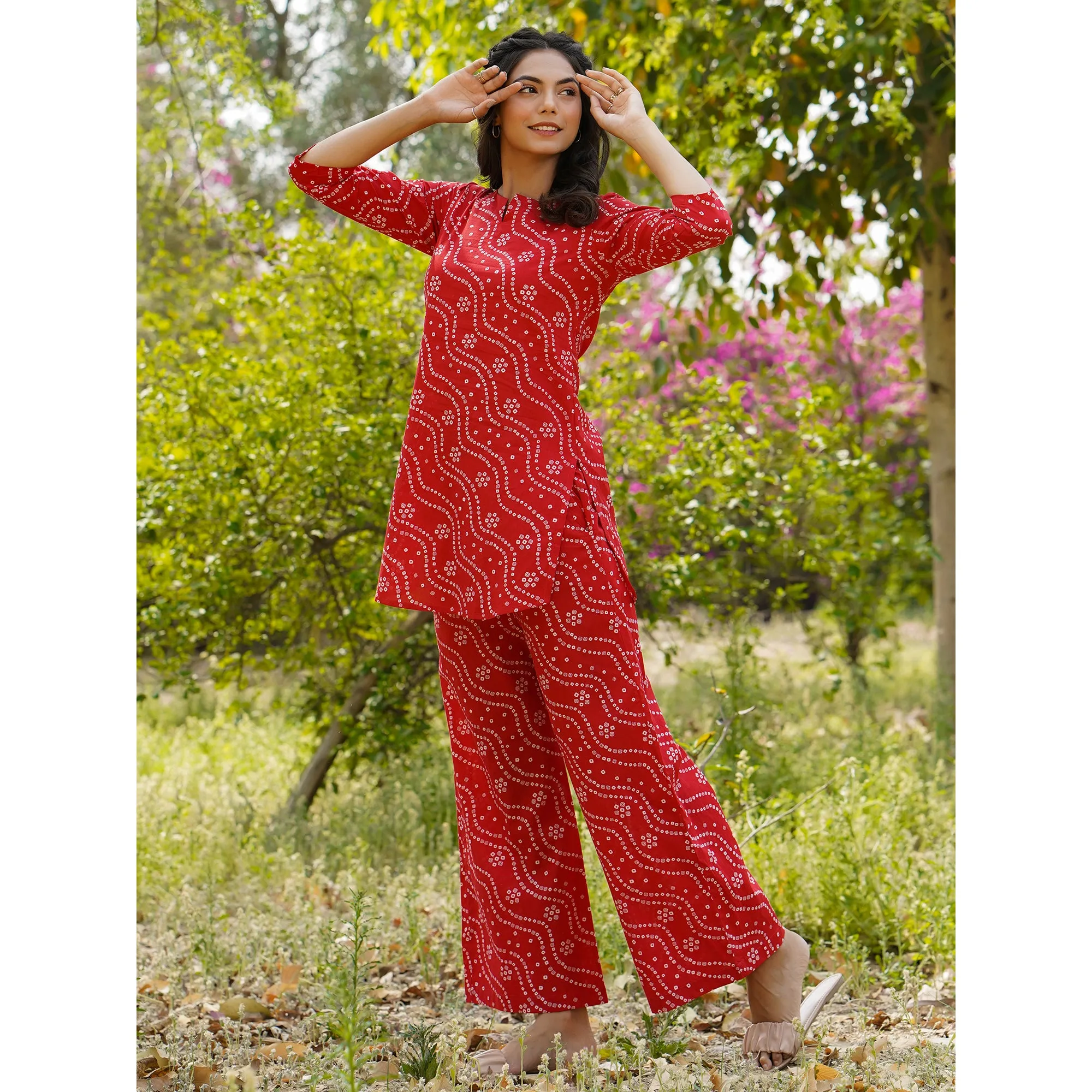 Patterned Bandhej on Red Loungewear Top Set