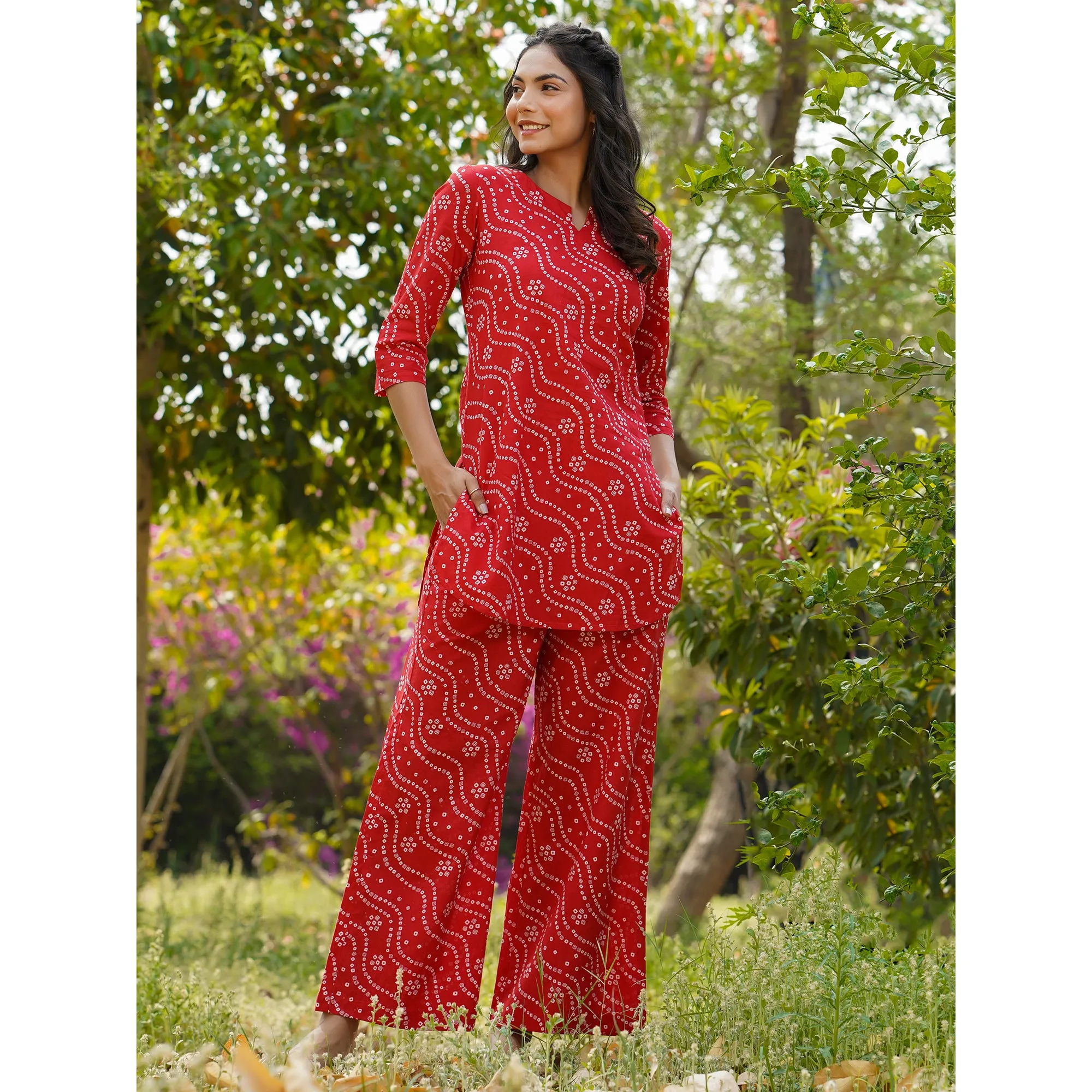 Patterned Bandhej on Red Loungewear Top Set