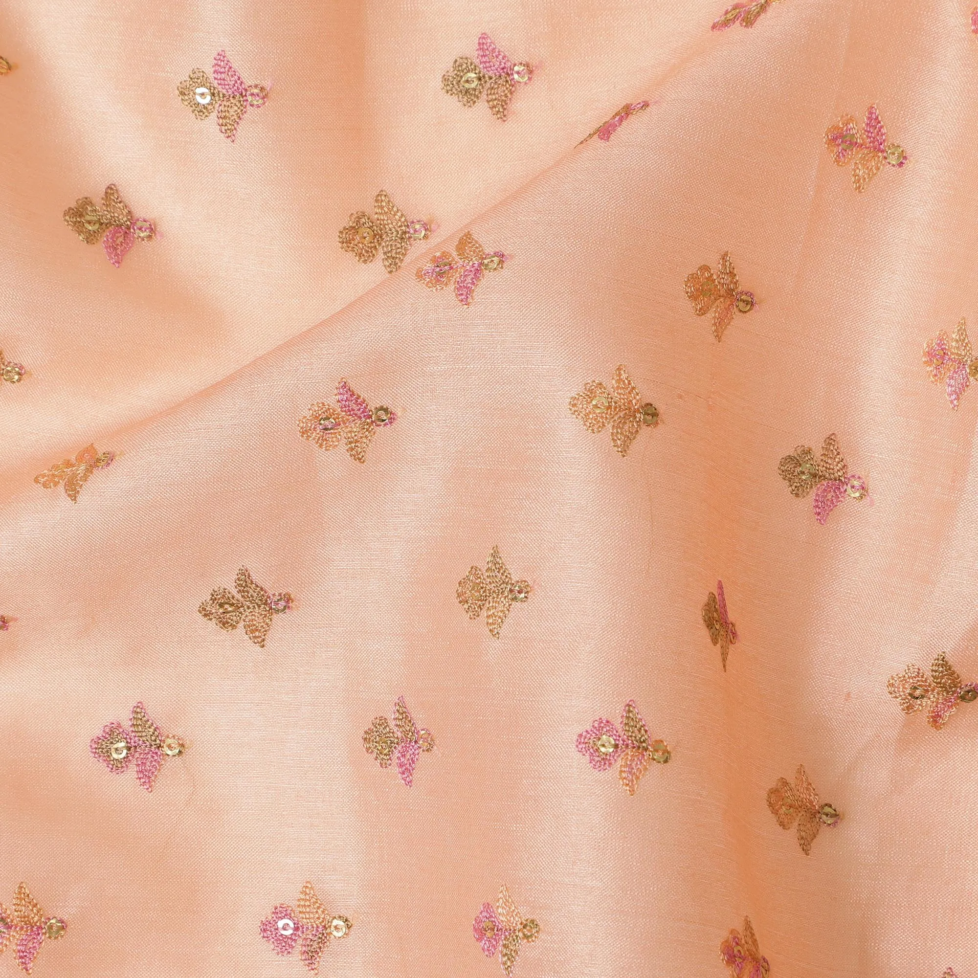 Peach Pure Tussar Silk Fabric with Embroidered Motifs, 110 cm Width-D20698