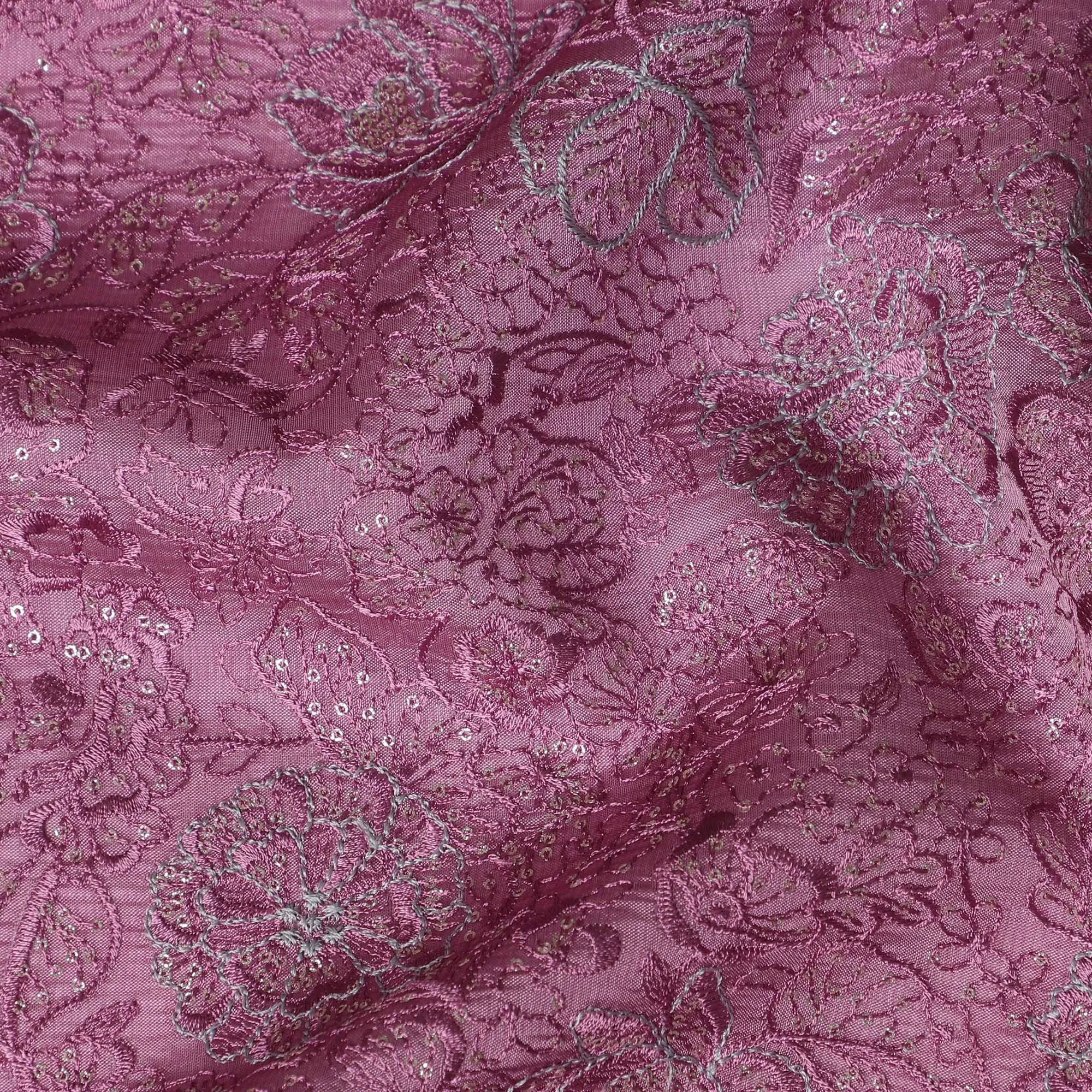 Plum Indian Tussar Silk Fabric with Silver Embroidery, 110 cm Width-D20945