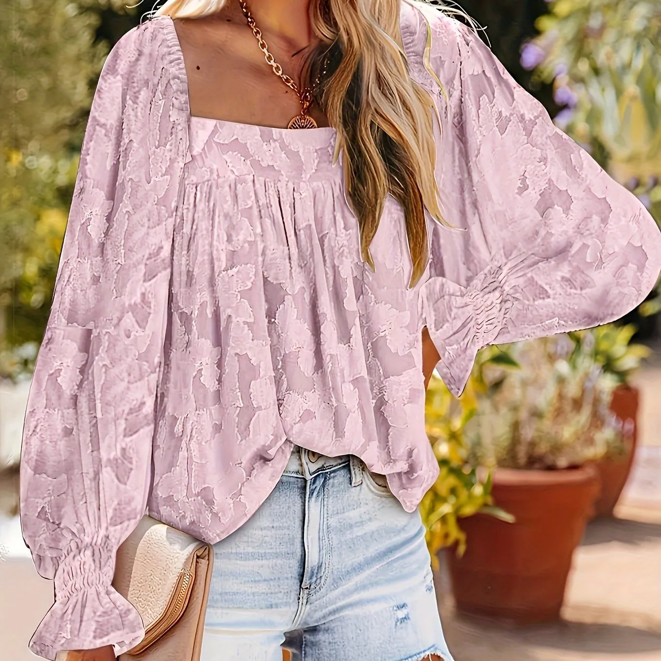 Plus Size Elegant Off the Shoulder Asymmetrical Long Sleeve Blouse - Chic Floral Pattern, Non-Stretch Polyester Fabric, Regular Fit, Suitable for All Seasons - Womens Plus Size Clothing for Spring and Beyond