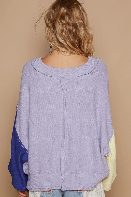 POL Lavender Knit Sweater Exposed Seam Contrast V-Neck Lantern Sleeve