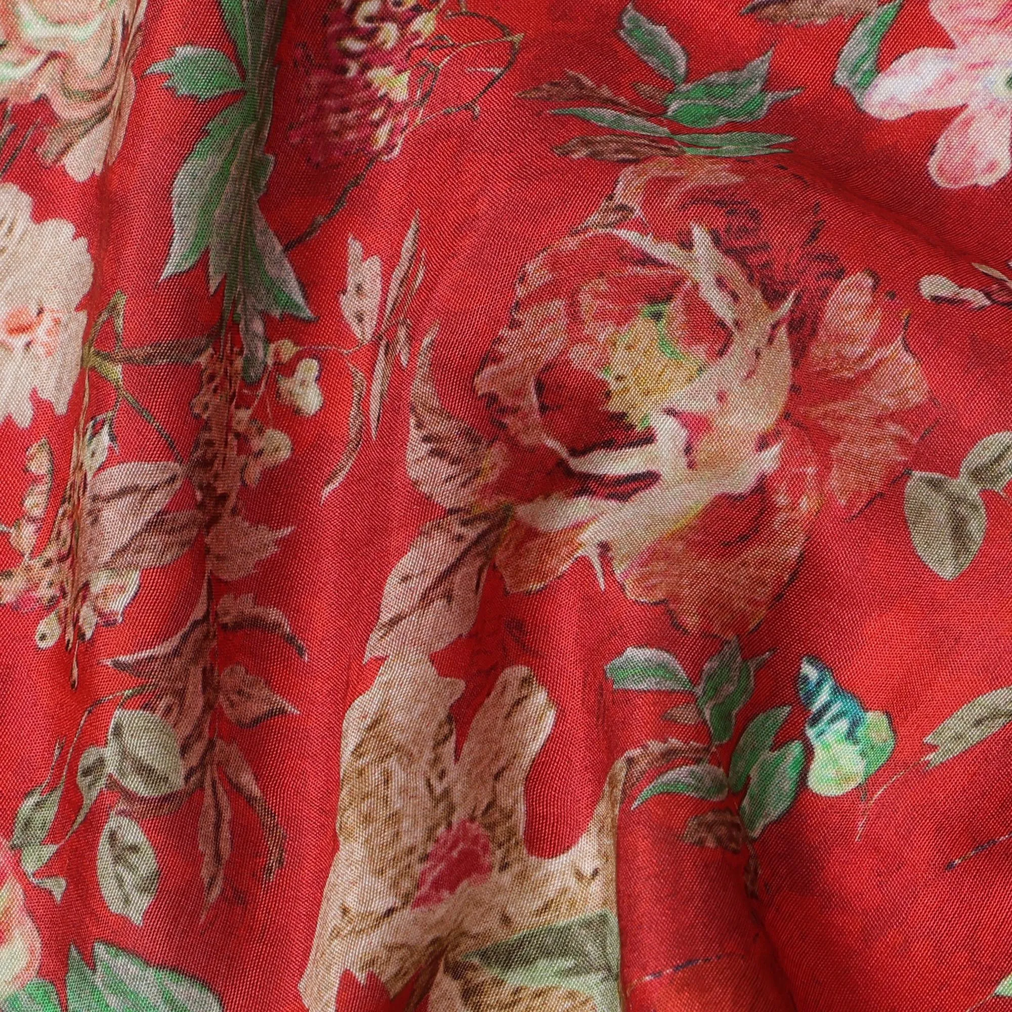 Red Viscose Cotton Digital Printed Fabric with Floral Design, 110 cm Width-D21342