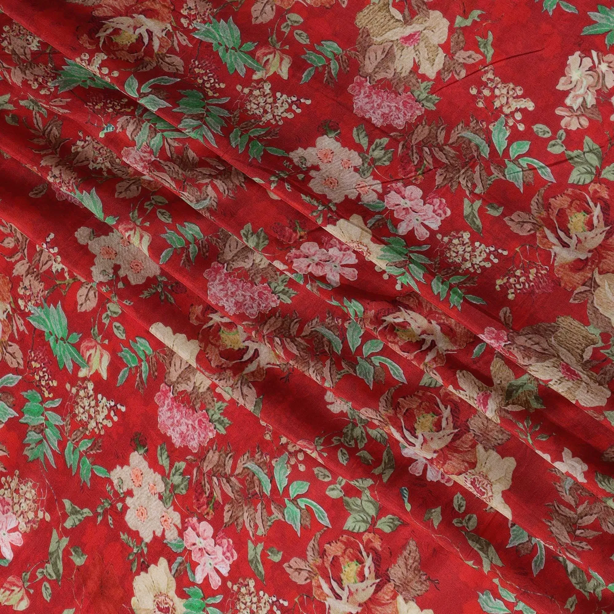 Red Viscose Cotton Digital Printed Fabric with Floral Design, 110 cm Width-D21342