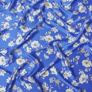 Royal Azure Silk Satin Fabric - Exquisite Italian Floral Design, 140cm Wide - Shop Online-D18321