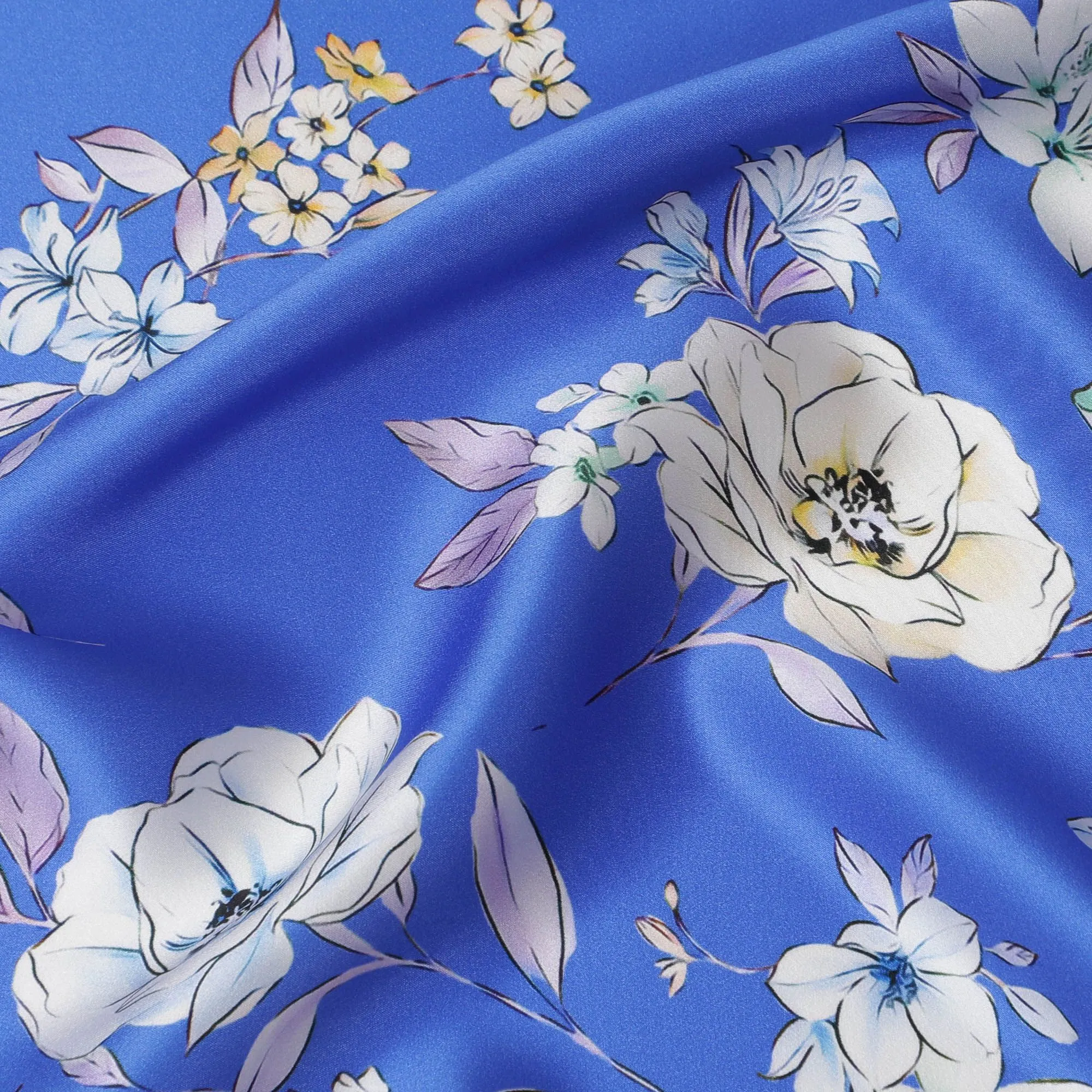 Royal Azure Silk Satin Fabric - Exquisite Italian Floral Design, 140cm Wide - Shop Online-D18321