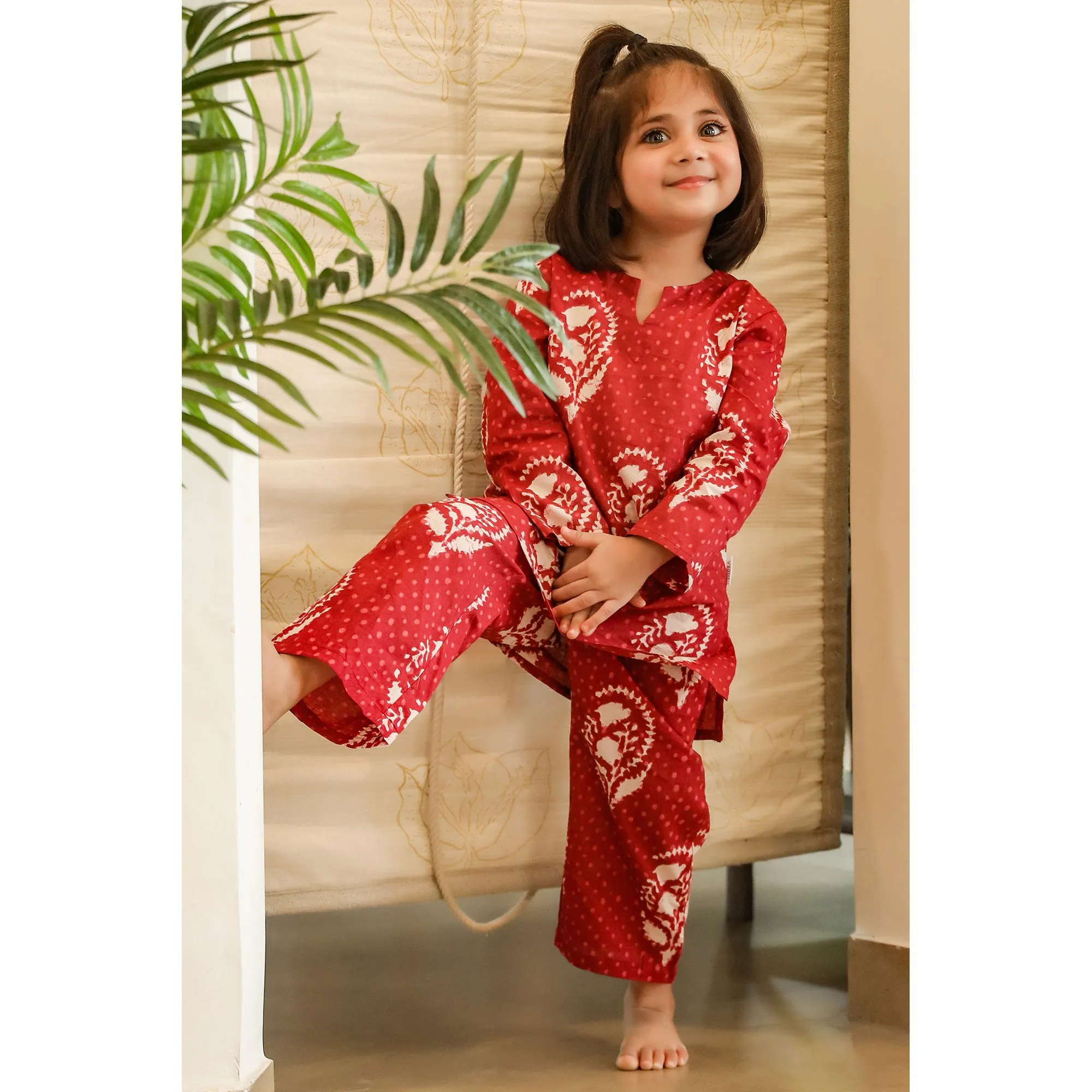 Royal Motifs on Kids Maroon Loungewear Set