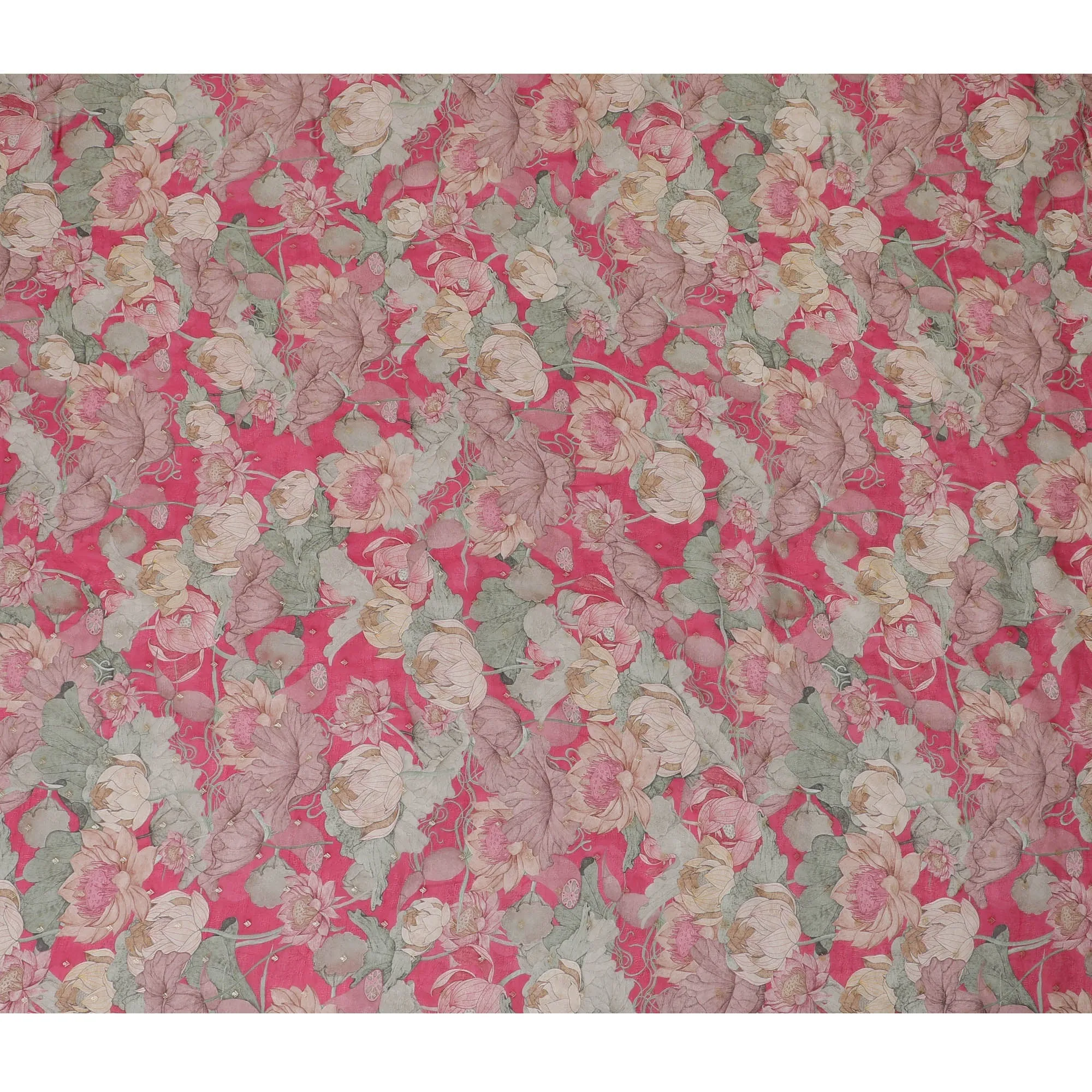 Ruby pink and Beige Floral Synthetic Organza Fabric - 110 cm Width, Made in India-D19639