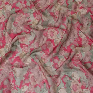 Ruby pink and Beige Floral Synthetic Organza Fabric - 110 cm Width, Made in India-D19639